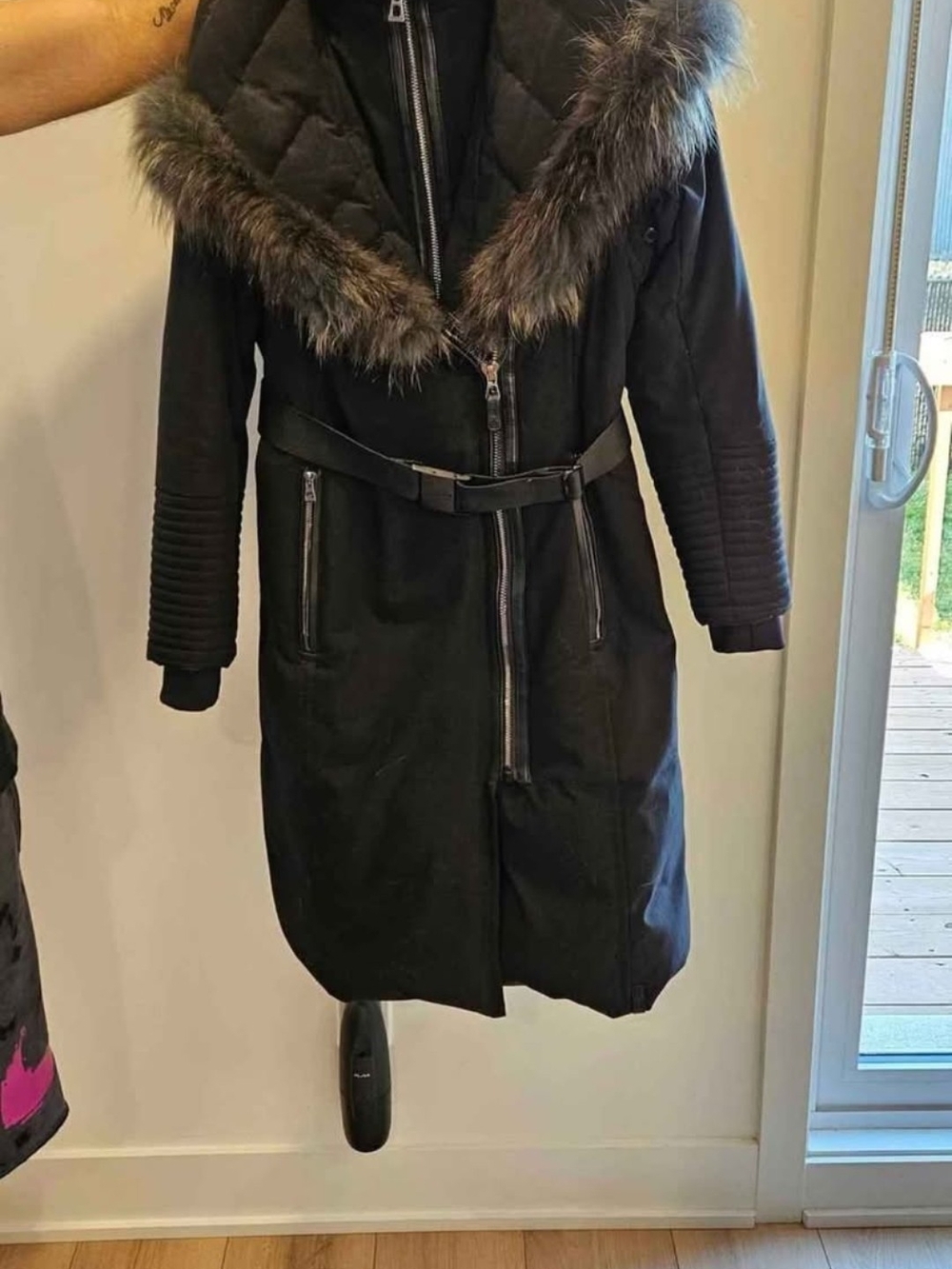 RUDSAK Black Long Trench Coat with Fur-Trim Hood